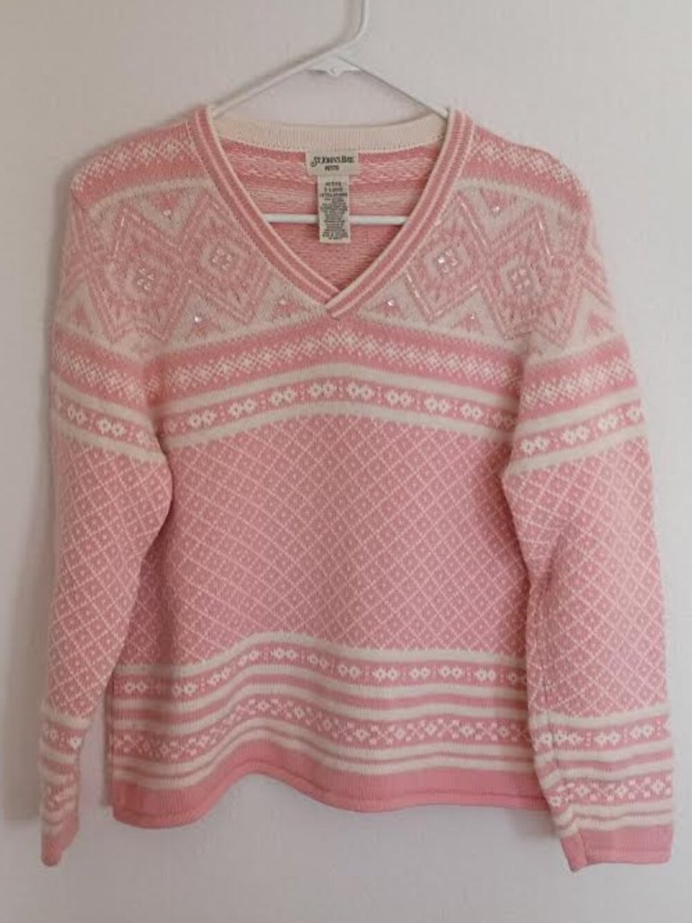 VINTAGE ST JOHNS BAY WOMEN'S SWEATER PINK CREAM BEADED FAIR ISLE 90'S Y2K PXL